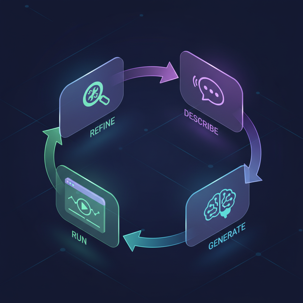 Isometric illustration: a circular 4-step loop showing Describe → Generate → Run → Refine, connected by curved arrows. Each node carries an icon — speech bubble, AI brain, browser preview, magnifying glass — on a dark navy background