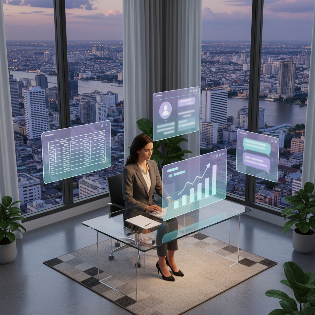 Isometric illustration: a Bangkok business owner describes intent while AI builds floating UI mockups around them — illustrating the Vibe Coding idea of expressing intent and getting an app back